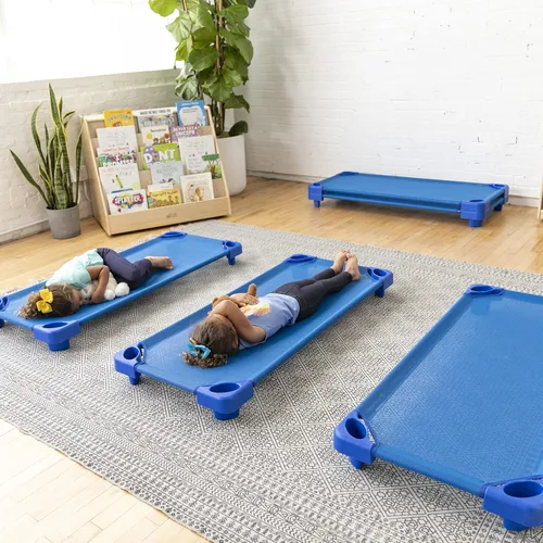 Miniatura 9 de ECR4Kids Cuna apilable para niños, lista para armar, tamaño estándar, mobiliario para aulas, azul, paquete de 6