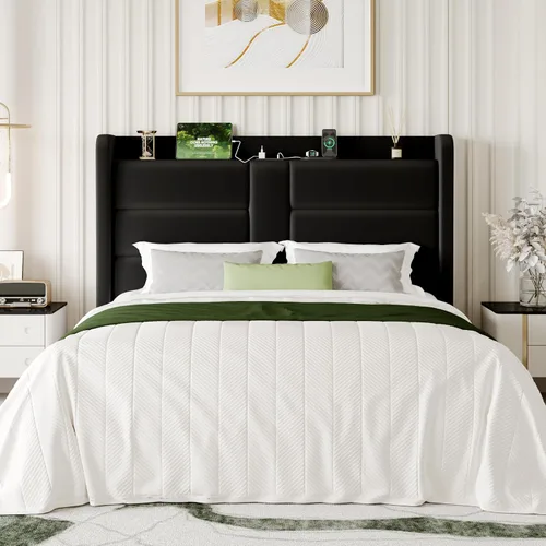 Miniatura 9 de SHA CERLIN Base de cama tapizada tamaño Queen con estante de almacenamiento y estación de carga, cama moderna de plataforma de terciopelo con Negro