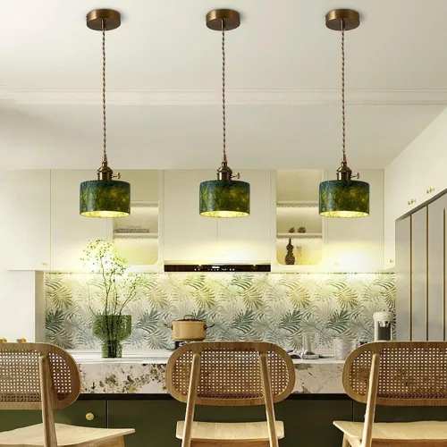 Miniatura 2 de 4.5in Mini Pendant Light Fixtures, Modern Industrial Metal Ceiling Hanging Lighting, Vintage Green Natural Stone Shade Chandelier for Kitchen Island