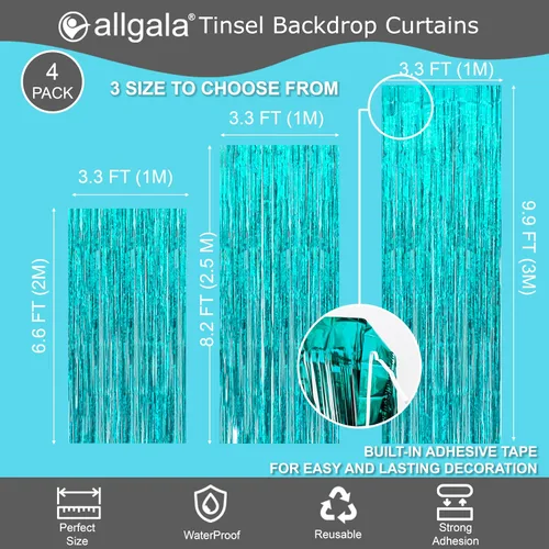 Miniatura 3 de Allgala 4PK Metálico Oropel-Fiesta Foto Telón Cortinas Puerta Franja Decoración-Turquesa-BD52312