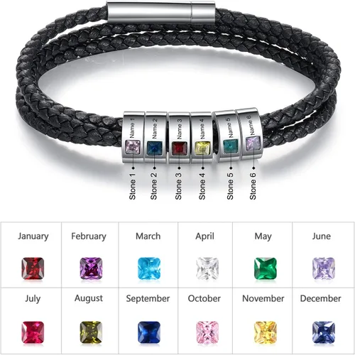Miniatura 25 de Pulsera personalizada para el Día del Padre para hombre, pulseras personalizadas de cuero trenzado negro con cuentas grabadas de 1 a 8 nombres