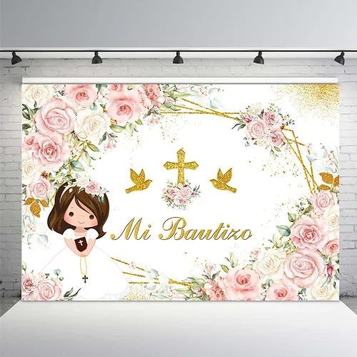 MEHOFOND Mi Bautizo - Telón de fondo para niña, fondo de bautismo floral rosa con cruz dorada, fondo bohemio para bautizo de primera comunión, fondo