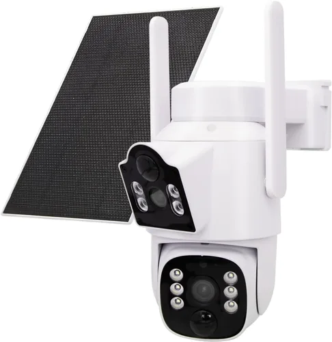 CasaCam Cámara de seguridad solar | Inalámbrico para exteriores, lente dual 2K+2K | Funciona con pilas, sensores PIR duales, seguimiento automático,