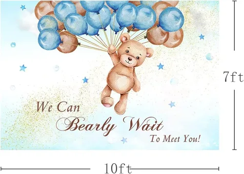 Miniatura 3 de MEHOFOND Telón de fondo de baby shower con texto en inglés "We Can Bearly Wait to Meet You" de 10 x 7 pies, globos azules y marrones, purpurina