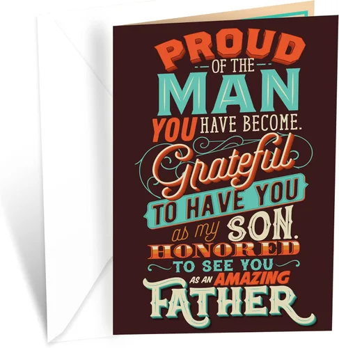 Prime Greetings Tarjeta del día del padre para hijo, hecha en Estados Unidos, ecológica, tarjeta gruesa con sobre de primera calidad de 5 x 7.75