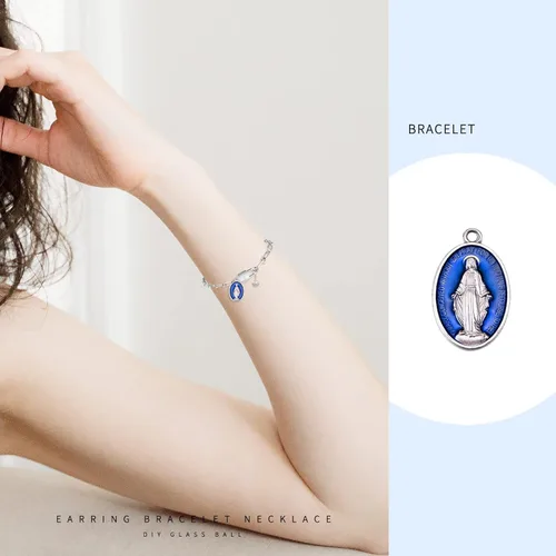 Miniatura 4 de 40 piezas ovaladas de aleación azul esmalte católica medalla milagrosa de la Virgen María colgante para bricolaje rosario collar pulsera mexicana