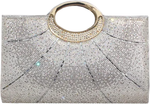 GESU Bolso de mano para mujer, bolso de noche con diamantes de imitación de cristal, para boda, fiesta, cóctel, color plateado, grande