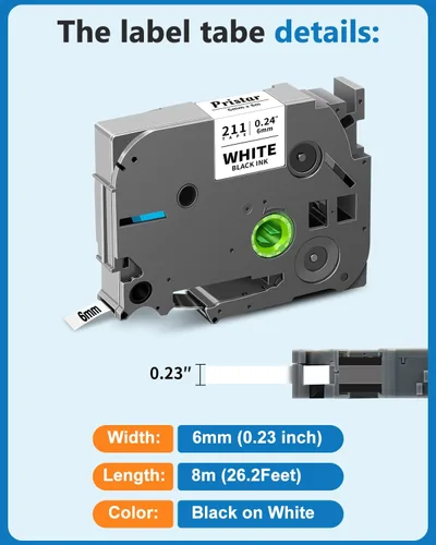 Miniatura 3 de Pristar TZe-211 Cinta de etiquetas compatible de 6 mm para Brother P Touch TZe TZ Cinta de etiquetas de 6 mm 0.23 Cinta de etiquetas laminada blanca