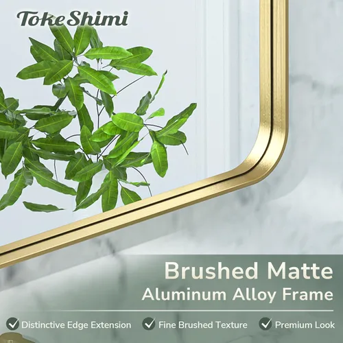 Miniatura 3 de TokeShimi - Espejo rectangular para pared de baño, con marco de metal de latón dorado cepillado y esquinas redondeadas, 24 x 32 pulgadas Oro