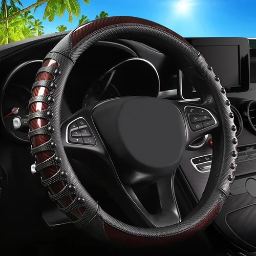 Funda para volante de automóvil con masaje 3D, 14.5-15 pulgadas, fundas universales de cuero de fibra de carbono marrón, transpirables,