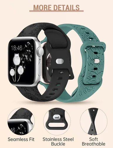 Miniatura 4 de Minyee Paquete de 2 correas grabadas florales compatibles con Apple Watch Band de 38/40/41/42/44/45/46/1.929 in para mujer, bonita correa