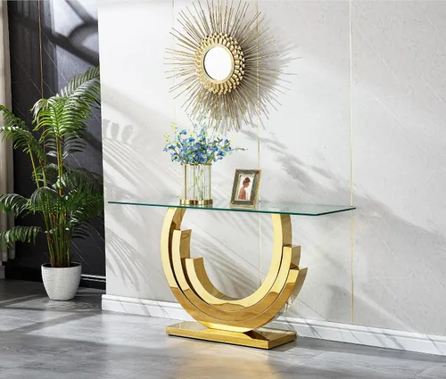 Miniatura 142 de Mesa de centro de cristal de lujo, mesa de centro de sofá de 47 pulgadas con marco de acero inoxidable dorado y parte superior de vidrio negro, mesa