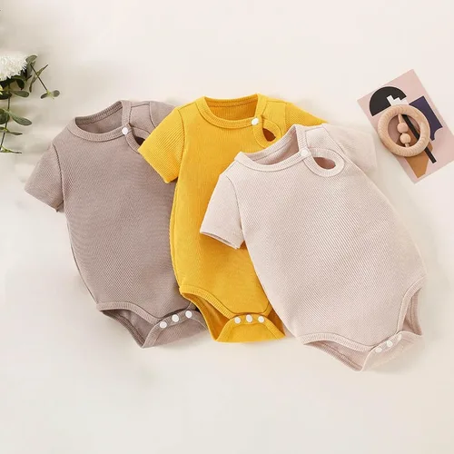 Miniatura 7 de Mameluco unisex de algodón para bebé, niña de manga corta, color sólido, enterizo de verano lindo a la moda, S
