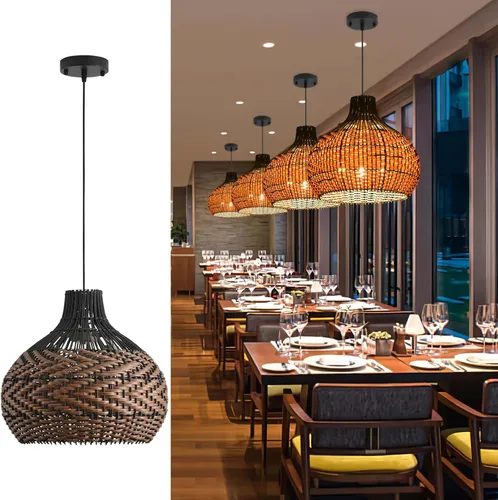 Miniatura 12 de Lámpara Colgante de Ratán 1 Paquete Candelabro de Cesta de Ratán Sintético Negro Blanco 11.8" Boho Tejido a Mano Ovalado de Mimbre Lámpara Colgante