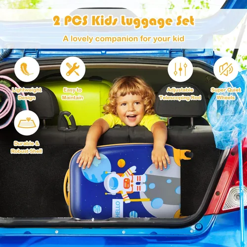 Miniatura 9 de Goplus Equipaje para niños, 2 piezas, 12 y 16 pulgadas, juego de equipaje de mano para niños con 4 ruedas giratorias, maleta ligera con ruedas