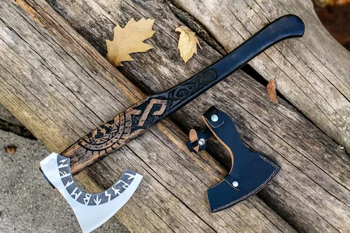 SHINY CRAFTS® Hacha vikinga hecha a mano – Hoja nórdica grabada con mango de madera, regalo único para hombres, coleccionistas y entusiastas de la