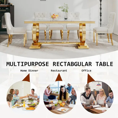 Miniatura 8 de Juego de mesa de comedor de 7 piezas, mesa de cocina de lujo de mármol sintético blanco de 70 pulgadas y 6 sillas copetudas de terciopelo beige