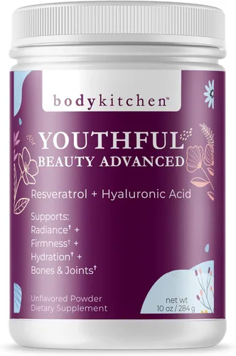 Body Kitchen Youthful Beauty Advanced, polvo de péptidos de colágeno para hermosas uñas de piel, resveratrol y ácido hialurónico para apoyo