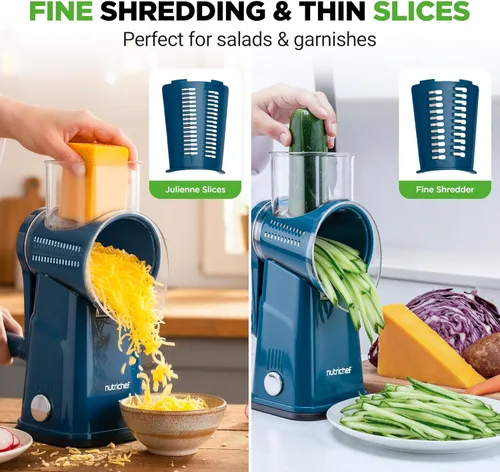 Miniatura 4 de NutriChef Rallador y Triturador de Queso 5 en 1 5 Cuchillas Diferentes para Tiras Finas, Gruesas, Juliana, Onduladas y Rectas Incluye Manivela