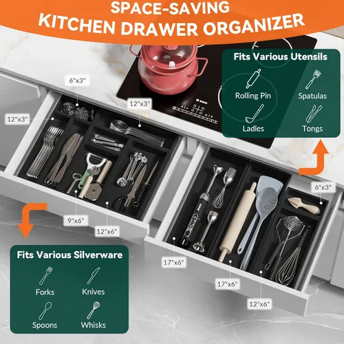 Miniatura 3 de Lixple Organizador de Cajón de Bambú, Pequeño Organizador de Cubiertos para Cajón de Cocina, Organizador de Utensilios Apilable, 2 Piezas