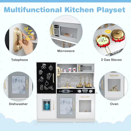 Miniatura 6 de MAT EXPERT Juego de cocina para niños, cocina de juguete de chef de madera con pizarra, máquina de hielo, accesorios de utensilios de cocina