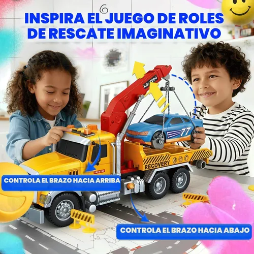 Miniatura 6 de SMILESSKIDDO Juguetes para niños pequeños de 3, 4, 5, 6 años, camión de remolque grande de fricción 1:12 con luz y sonido, coche deportivo y señales