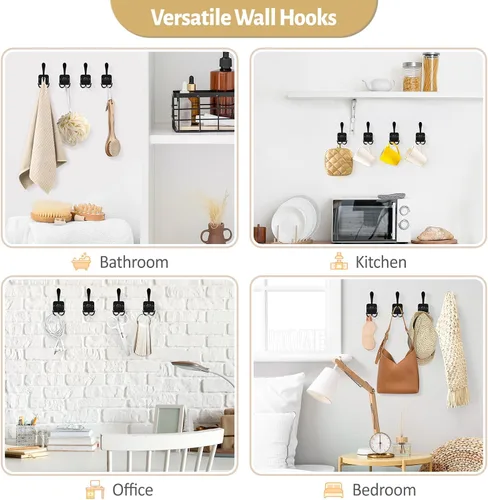Miniatura 7 de VIS'V Ganchos para colgar abrigos de pared, ganchos de metal autoadhesivos de 3 puntas para puerta de entrada, 2 opciones de montaje, negro, 4