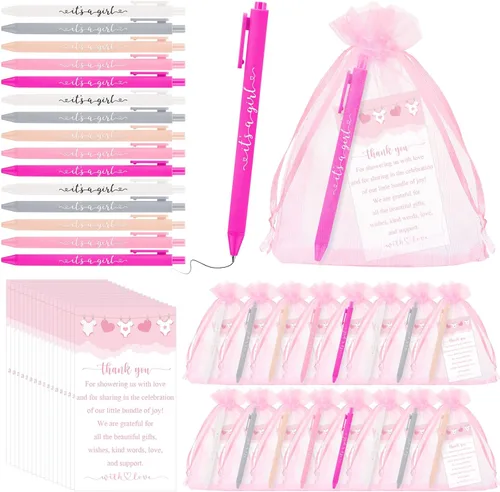 Miniatura 8 de Chuangdi Juego de 50 bolígrafos de baby shower, recuerdos para invitados, bolígrafos con texto en inglés "It's a Boy Girl", tarjetas de Azul