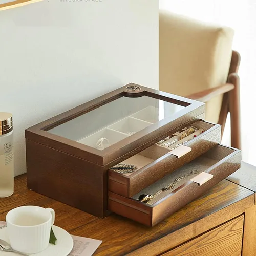 Miniatura 6 de AMYSTY Jewelry Organizer Jewelry Box 2 Tier Wooden Jewelry Case Retro Jewelry Box Hand Jewelry Earrings Necklace Velvet Lining Display Case For