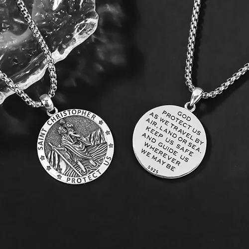Miniatura 204 de Odinstone Collar de plata de ley 925 con medalla de San Miguel/San Cristóbal/San Benito/Crucifijo de Jesús/San Uriel/Arcángel Rafael para hombres