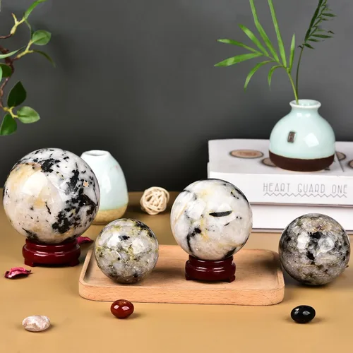 Miniatura 6 de JIC Gem Gran esfera de cristal negro y blanco con soporte Esfera de bola de cristal de turmalina negra y blanca Piedra preciosa decorativa Bola