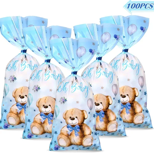 Miniatura 3 de Pajean Paquete de 100 bolsas de regalo de oso para baby shower, de celofán, bolsas de regalo de plástico a granel con lazos metálicos