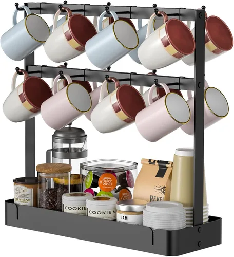 RCHYFEED Soporte para taza de café para encimera, organizador de tazas de aleación de aluminio con 16 ganchos móviles, soporte de árbol de 2 niveles