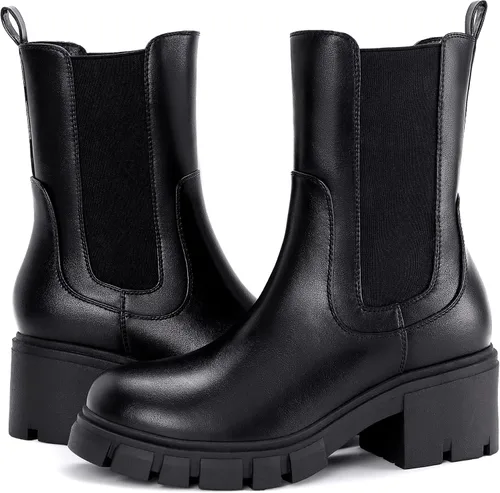 Miniatura 3 de Athlefit Botas Chelsea de plataforma a media pantorrilla para mujer, suela de lengüeta, tacón grueso, botines de cuero elástico