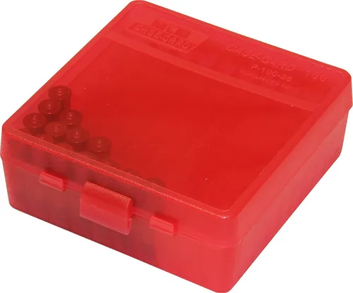 MTM caja para 100 municiones redondas con tapa plegable para pistolas de calibre 38/357 Transparente Rojo