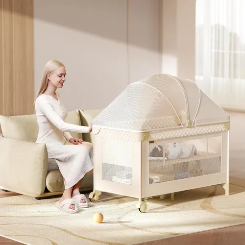 Miniatura 6 de 4 en 1 Cuna para bebé, lista para jugar, moisés junto a la cama, cuna para bebé con cambiador de pañales, mosquitero, almacenamiento inferior y Beige