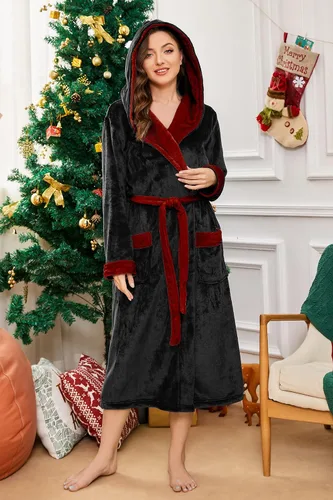 Miniatura 97 de HEARTNICE Bata de forro polar con capucha para mujer, bata de baño suave para mujer, bonito abrigo largo para casa