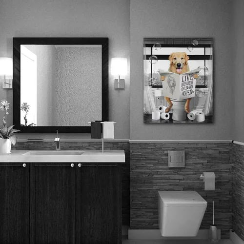 Lienzo decorativo para pared de Golden Retriever en blanco y negro, imágenes divertidas de granja, baño, decoración de pared de perro sentado en el