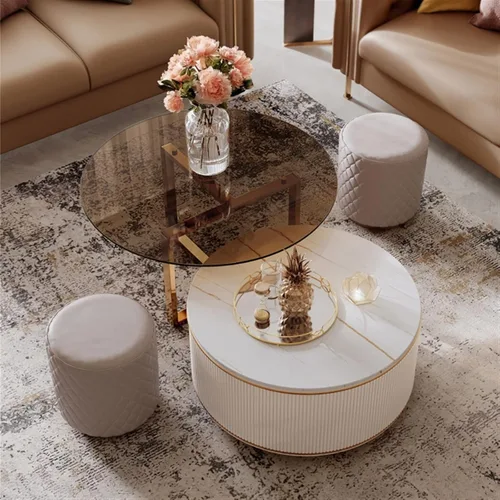 Miniatura 8 de Mesa de té para sala de estar, mesa de centro redonda moderna, juego de 2, mesa de centro circular con parte superior y cajón únicos, mesa central