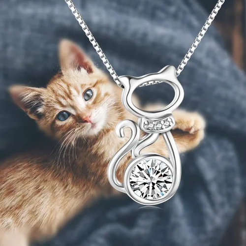 Miniatura 4 de AOBOCO Collar con colgante de gato de plata de ley con cristal de piedra natal, delicados regalos de joyería para los amantes de los gatos