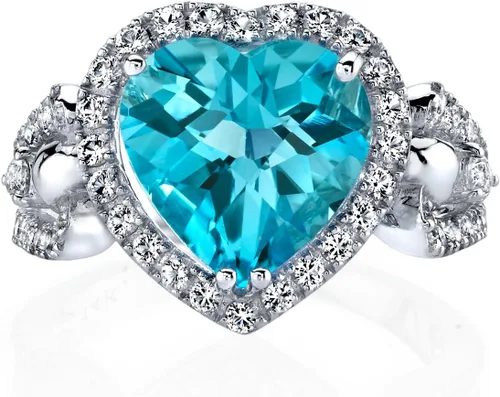 Miniatura 2 de Peora Anillo de corazón con topacio azul suizo y topacio blanco para mujer, oro blanco de 14 quilates, piedra natal de piedras preciosas auténticas