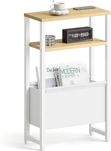 Miniatura 9 de Mesa auxiliar estrecha, mesa auxiliar delgada con estante para revistas, mesa auxiliar para espacios pequeños, mesa auxiliar de 3 niveles para sofá