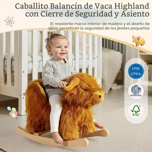 Miniatura 8 de Caballo mecedora bebé, caballo de madera de ganado Highlander para niños de 1 año lindo vaca de peluche suave cabalgadura juguete mecedora animal