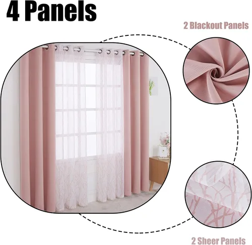 Miniatura 5 de BONZER Cortinas para Mezclar y Combinar - 2 Piezas de Cortinas Transparentes con Estampado de Ramas y 2 Piezas de Cortinas Opacas para Dormitorio