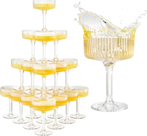Miniatura 19 de Khen Juego de 4 vasos de cóctel vintage Art Deco inastillables de 8 onzas de acrílico transparente acanalado ondulado estilo europeo, copas