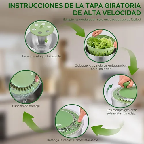 Miniatura 4 de SUSTEAS Centrifugador de Ensalada de Acero Inoxidable Grande, Tazón de Lavado de Verduras, Secador de Frutas y Hierbas con Cortador de 5 Cuchillas