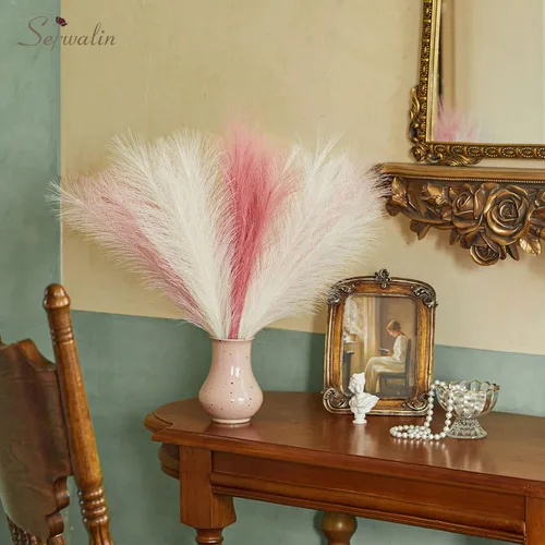 Miniatura 9 de Serwalin 12 piezas de hierba de Pampas rosa, decoración de hierba de Pampas falsa rosa de 17.7 pulgadas, hierba de Pampas artificial corta rosa Un