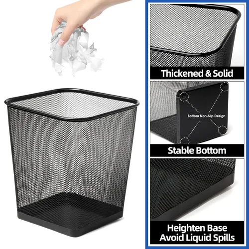 Miniatura 4 de Paquete de 10 cubos de basura de metal cuadrados negros de 6 galones, cubos de basura de malla para oficina, papeleras de alambre de metal, canasta