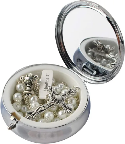 Miniatura 12 de HanlinCC - Rosario para primera comunión de 6 mm con centro de cáliz, perlas de cristal y crucifijo chapado en plata para niña, en caja de regalo