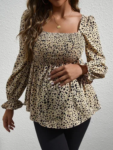 Miniatura 5 de MakeMeChic Camisas de maternidad para mujer, blusa peplum de manga larga con estampado de leopardo